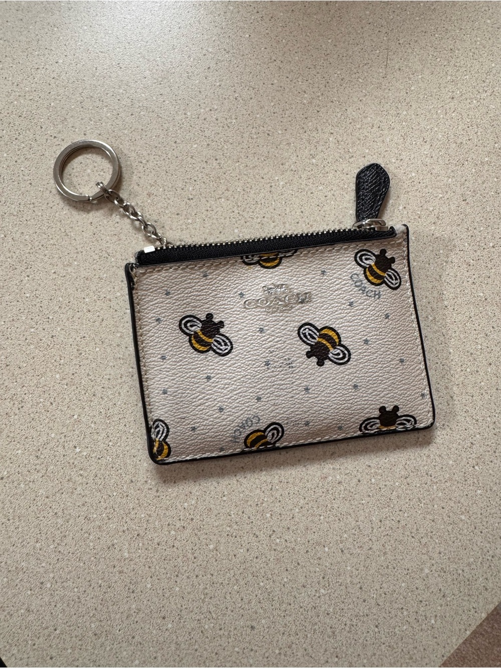 Coach Bee Print Zip Card Case Keyring - White, Yellow, Black